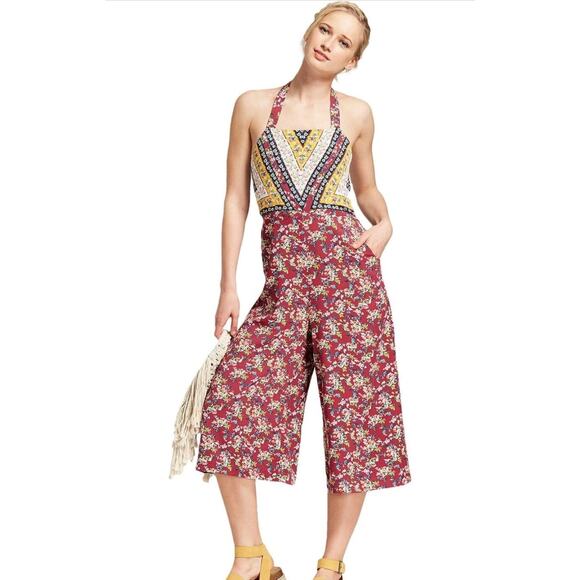 Xhilaration Funky Boho Floral Print Halter Overall Jumpsuit Pockets - Small - Picture 1 of 7